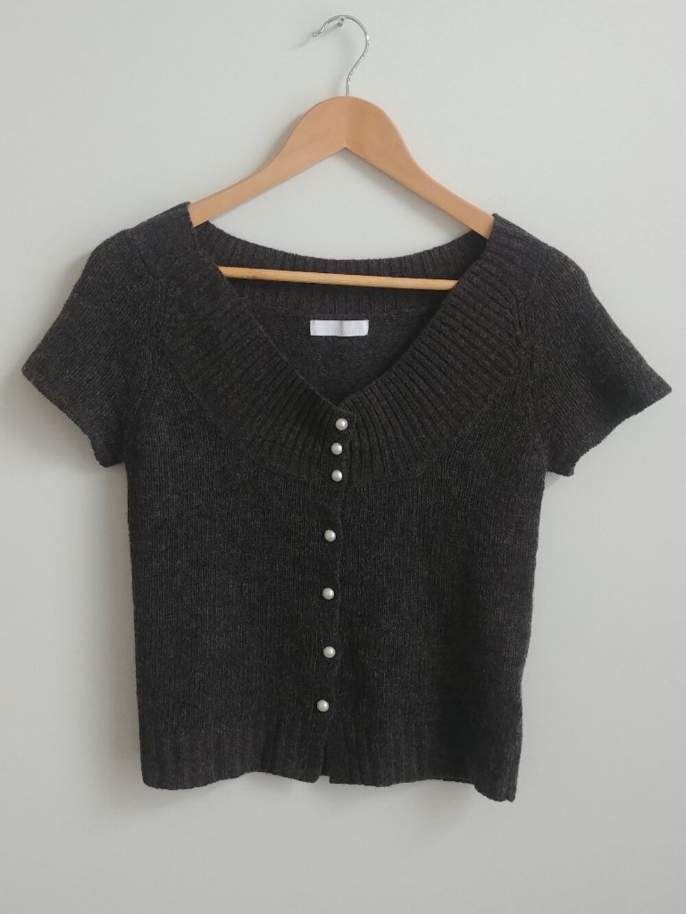 Charcoal Short-Sleeve V-Neck Cardigan Sweater with Pearl Buttons